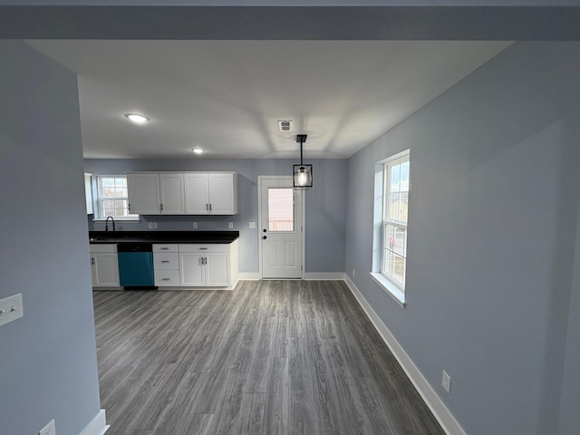 kitchen featuring decorative light fixtures, white cabinetry, sink, dark hardwood / wood-style flooring, and stainless steel dishwasher