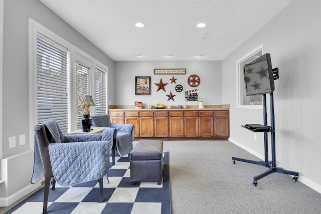 interior space featuring light colored carpet