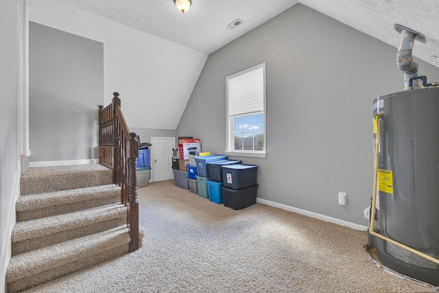 interior space featuring carpet, gas water heater, and a textured ceiling