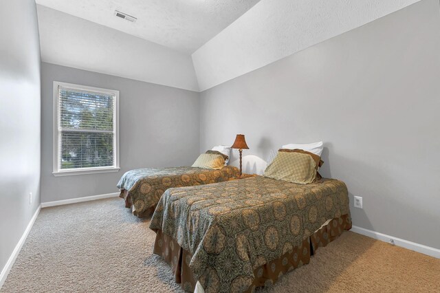 carpeted bedroom with lofted ceiling and a textured ceiling