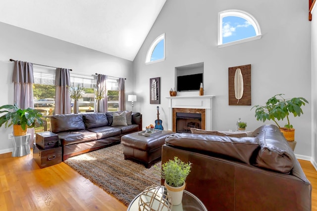 living room with a healthy amount of sunlight, high vaulted ceiling, and wood-type flooring