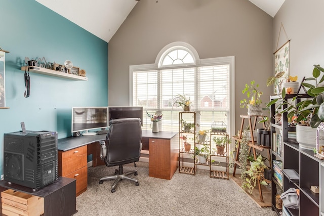 office space with vaulted ceiling and light colored carpet