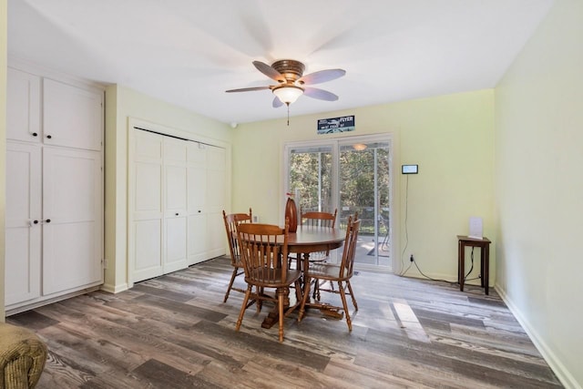 dining area featuring ceiling fan and dark hardwood / wood-style flooring