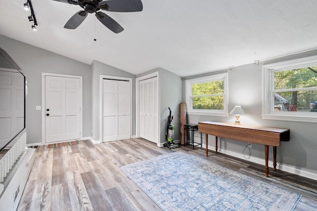 misc room with ceiling fan, light hardwood / wood-style flooring, rail lighting, and lofted ceiling