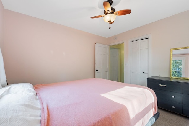 carpeted bedroom featuring ceiling fan and a closet