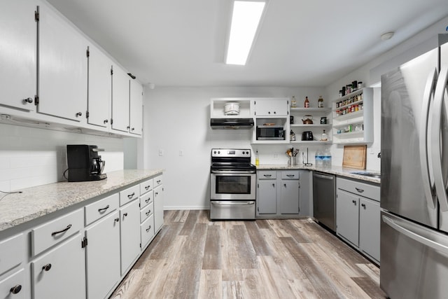 kitchen featuring appliances with stainless steel finishes, gray cabinets, white cabinetry, and light hardwood / wood-style floors