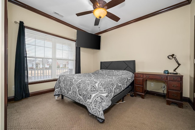 bedroom with ceiling fan, light colored carpet, and ornamental molding