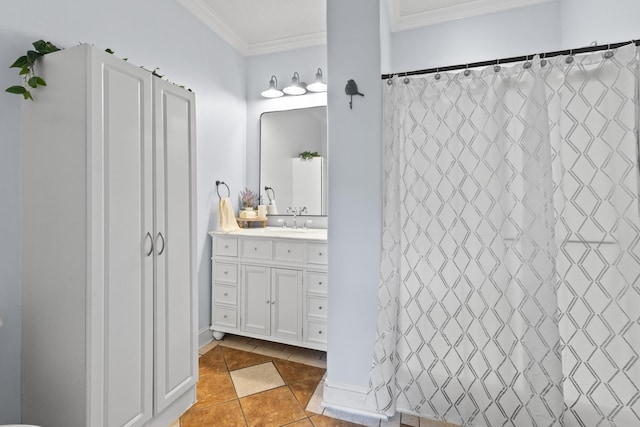 bathroom with vanity, tile patterned floors, curtained shower, and ornamental molding