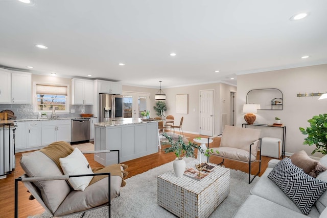 living room with light hardwood / wood-style floors, ornamental molding, and sink