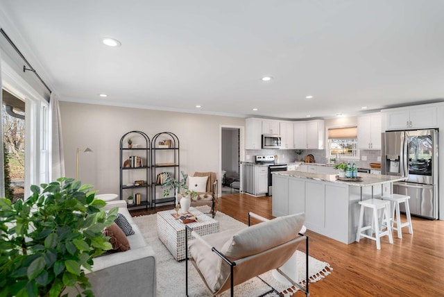 living room with light wood-type flooring, crown molding, and sink