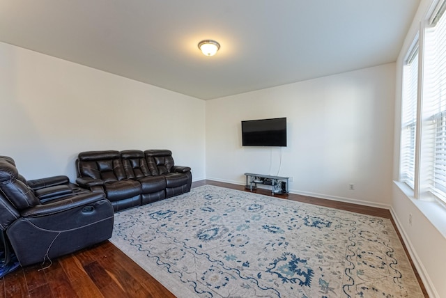 living room with dark hardwood / wood-style flooring