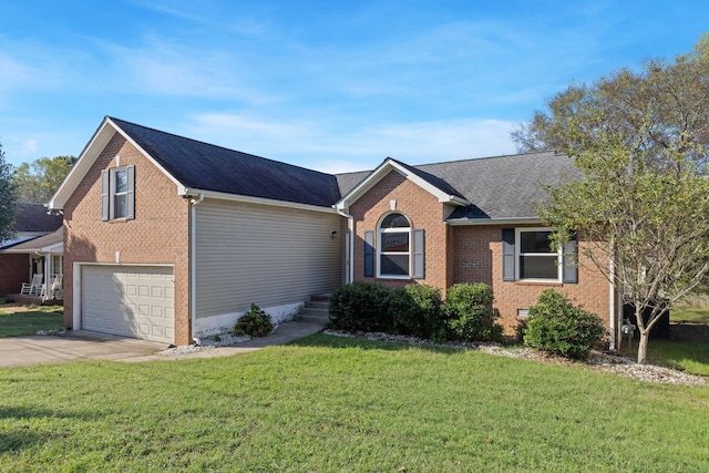 ranch-style home with a garage and a front lawn