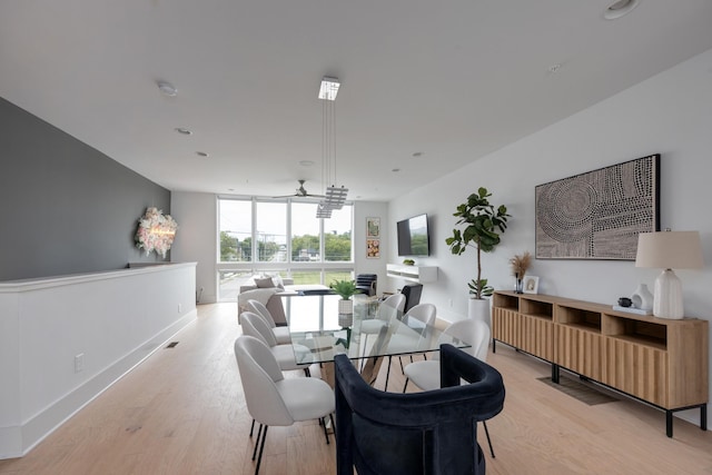 dining area with ceiling fan, light wood-type flooring, and a wall of windows