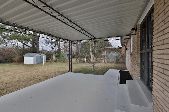 view of patio featuring a shed