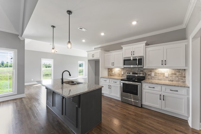 kitchen with pendant lighting, sink, an island with sink, white cabinetry, and stainless steel appliances