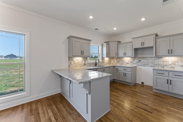 kitchen with sink, dark wood-type flooring, kitchen peninsula, crown molding, and decorative backsplash