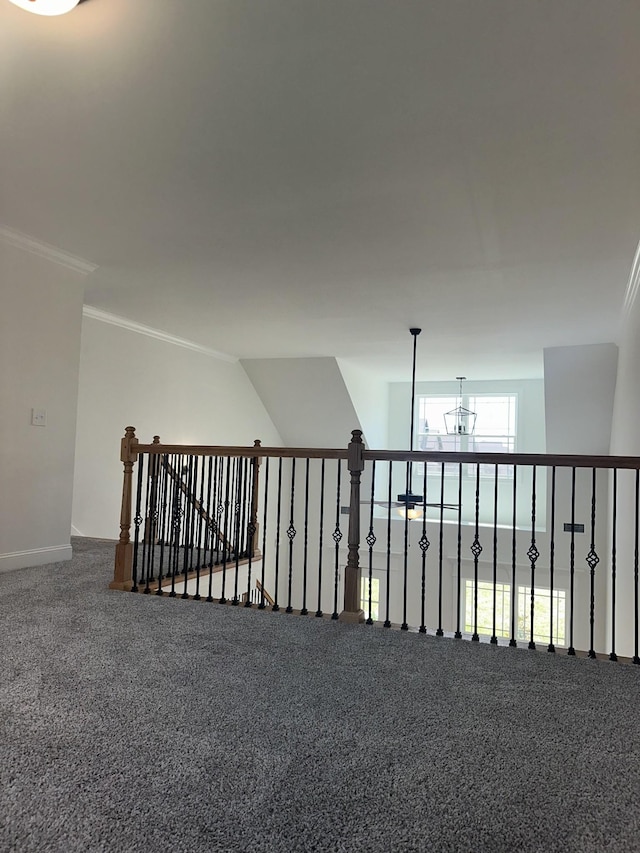 interior space featuring ornamental molding and carpet floors