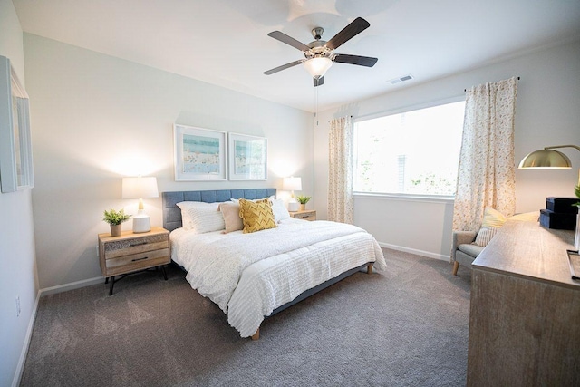 bedroom featuring ceiling fan and dark colored carpet