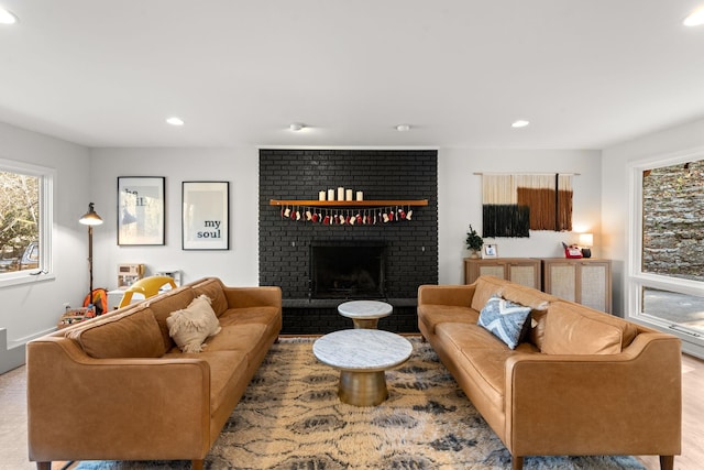 living room featuring a fireplace and light hardwood / wood-style flooring