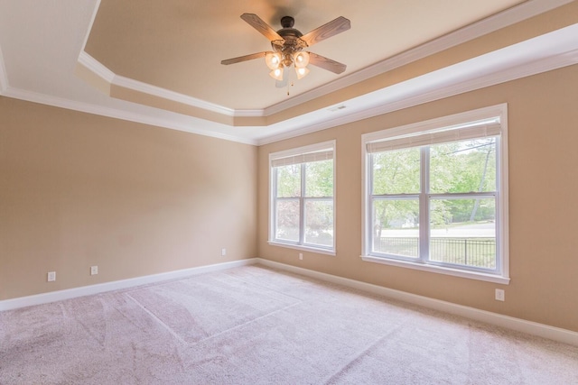 carpeted empty room featuring a tray ceiling, ceiling fan, and ornamental molding