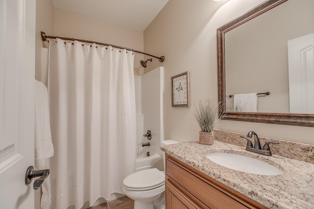 full bathroom featuring tile patterned floors, vanity, toilet, and shower / bathtub combination with curtain