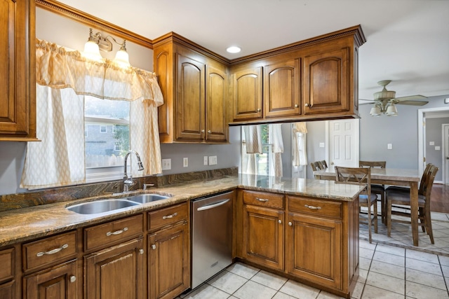 kitchen with ceiling fan, sink, stainless steel dishwasher, kitchen peninsula, and light tile patterned flooring