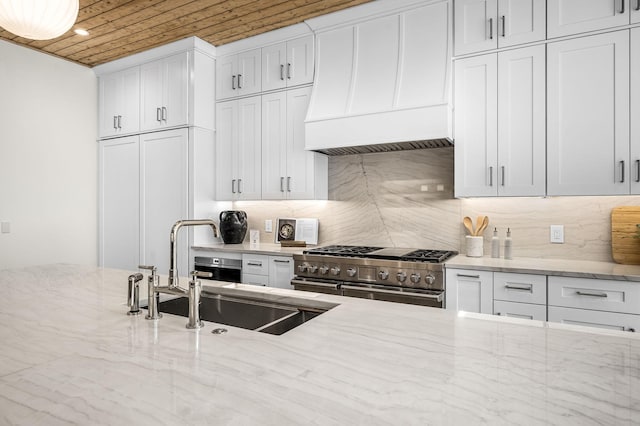 kitchen with sink, white cabinets, and high end stainless steel range oven