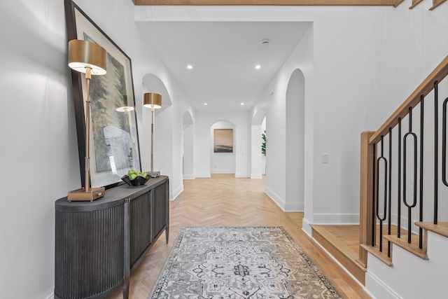 hallway with light parquet flooring