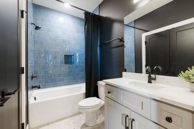 full bathroom featuring toilet, vanity, and shower / tub combo with curtain