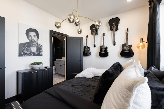 bedroom with a chandelier