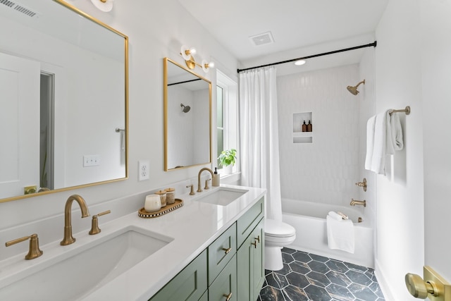 full bathroom featuring vanity, toilet, and shower / bathtub combination with curtain