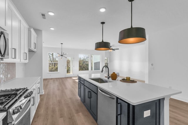 kitchen featuring sink, hanging light fixtures, a kitchen island with sink, white cabinets, and appliances with stainless steel finishes