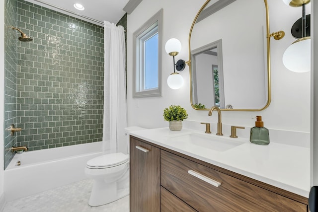 full bathroom featuring tile patterned floors, vanity, shower / tub combo, and toilet