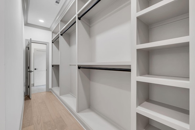 walk in closet with light hardwood / wood-style floors