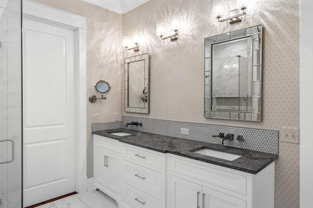 bathroom with decorative backsplash and vanity