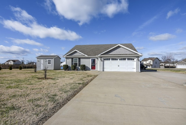 ranch-style house with a garage, a storage shed, and a front lawn