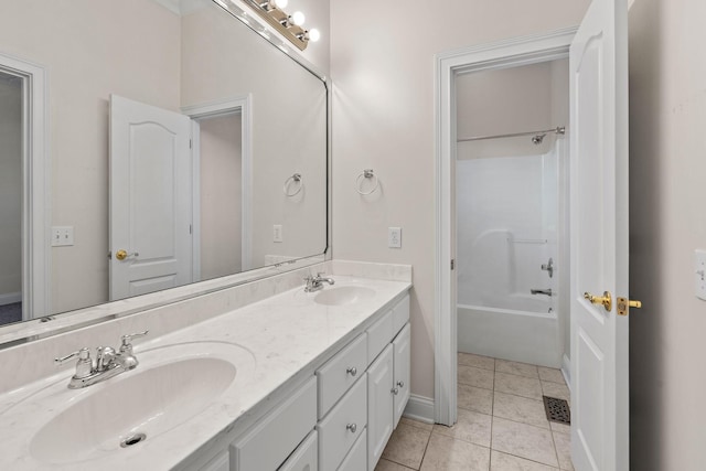 bathroom with tile patterned floors, vanity, and  shower combination