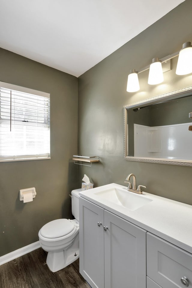 bathroom featuring hardwood / wood-style floors, vanity, and toilet