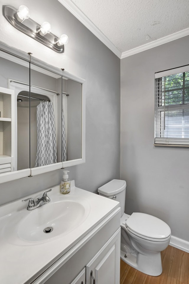 bathroom featuring crown molding, hardwood / wood-style floors, a textured ceiling, toilet, and vanity