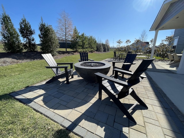 view of patio / terrace featuring an outdoor fire pit