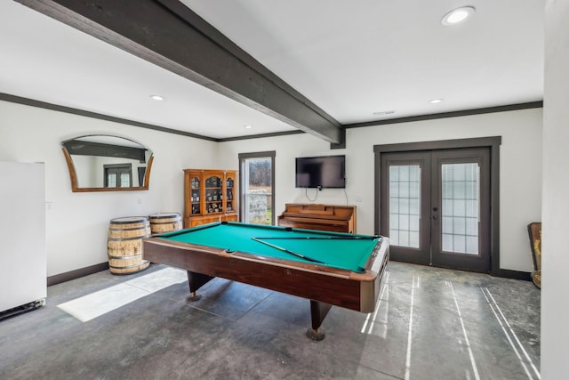 game room featuring baseboards, beam ceiling, recessed lighting, ornamental molding, and french doors