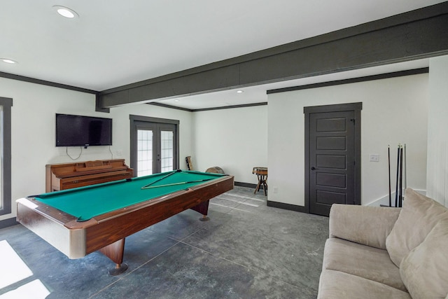 playroom featuring recessed lighting, french doors, concrete floors, pool table, and baseboards