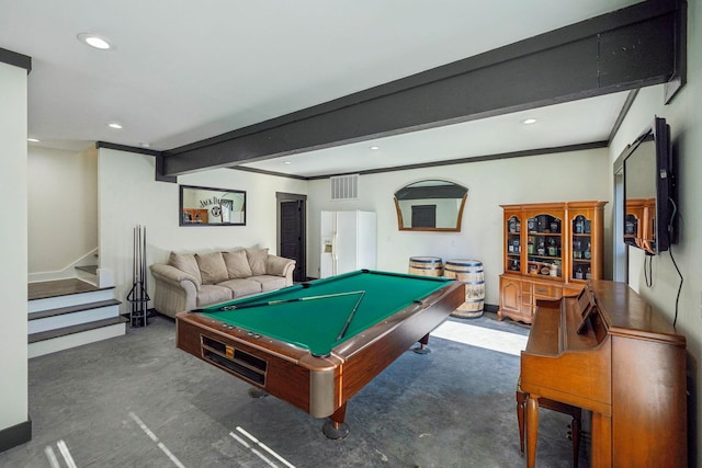 rec room featuring pool table, beam ceiling, recessed lighting, and visible vents