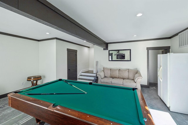 game room with crown molding, recessed lighting, baseboards, and concrete floors