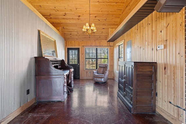 unfurnished office with wooden walls, wood ceiling, vaulted ceiling, and a notable chandelier