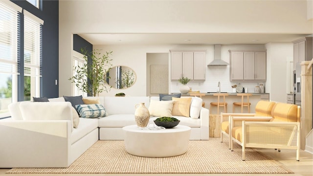 living room with light wood-type flooring and sink