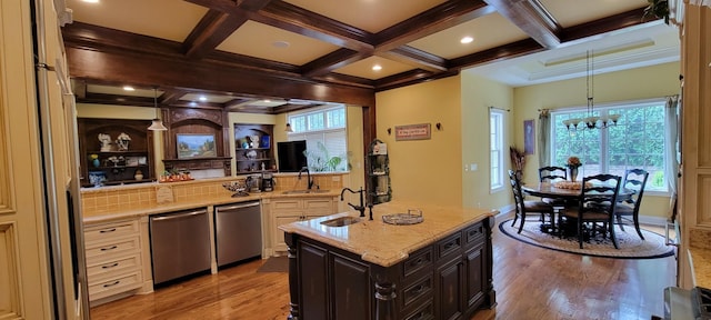 kitchen with sink, an inviting chandelier, and stainless steel dishwasher