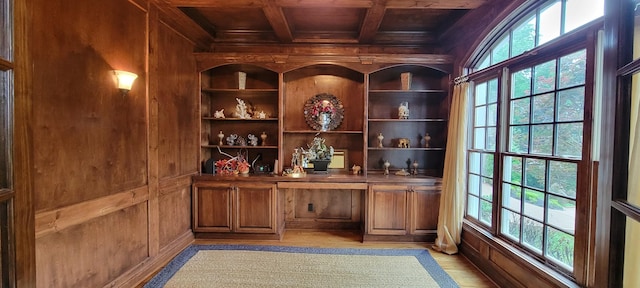 bar with beam ceiling, wood ceiling, coffered ceiling, and wood walls