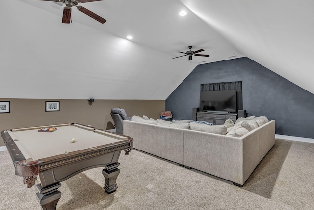 carpeted living room featuring ceiling fan, vaulted ceiling, and billiards