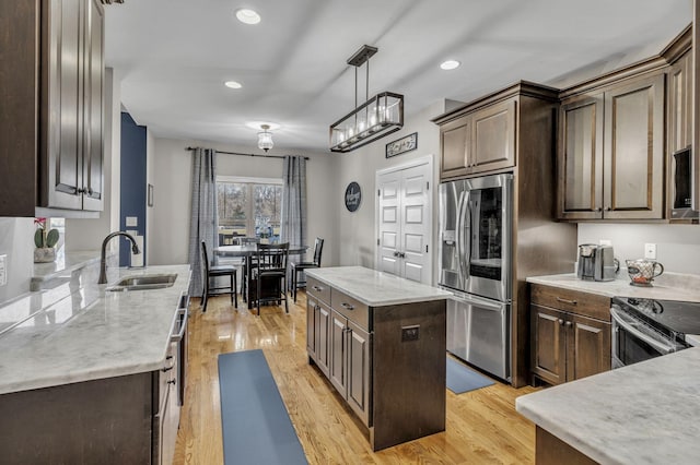 kitchen featuring dark brown cabinetry, sink, a kitchen island, and appliances with stainless steel finishes